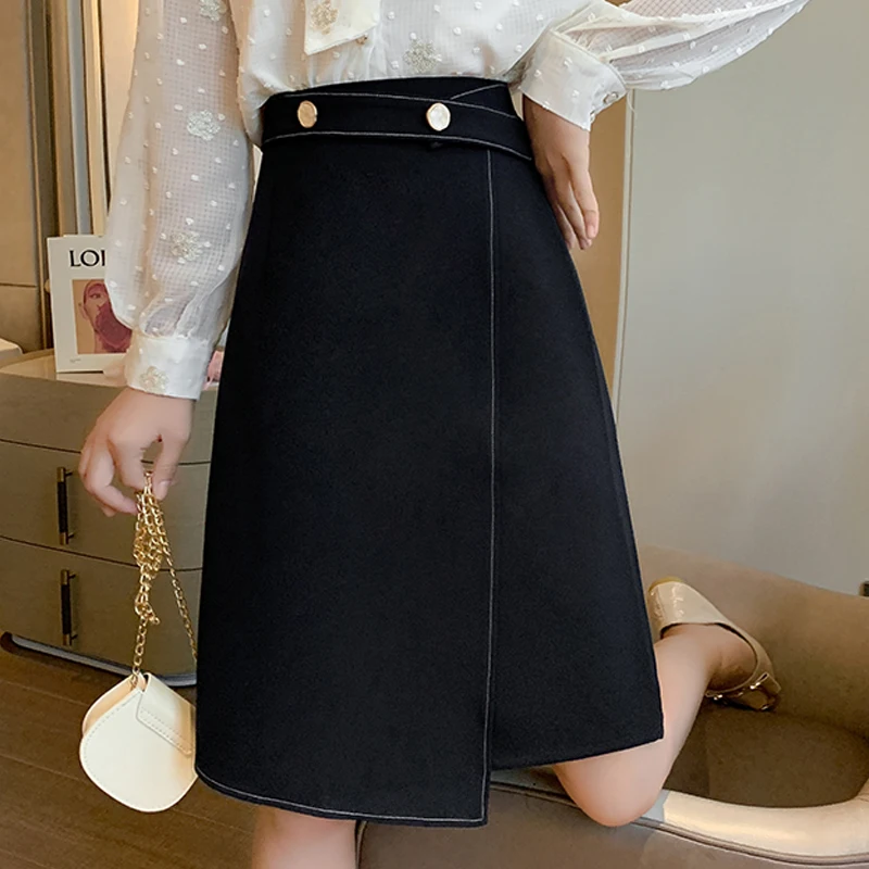 

Autumn Winter Ladies Mid-Length Elegant Casual Commuter Asymmetrical High-Waist A-Line Nylon Cotton Skirt Faldas Mujer Moda A169