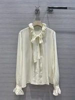 2021 autumn new shirts women fashion stand collar lantern sleeve hollow out designer 100 silk shirt blouses