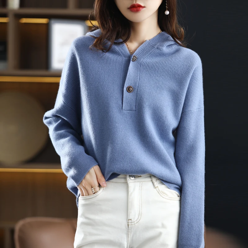 Autumn and Winter New Thick 100% Pure Wool Hoodie Plus Size Loose Pullover Sweater Women Casual Pure Color Soft Wild Knitted Top