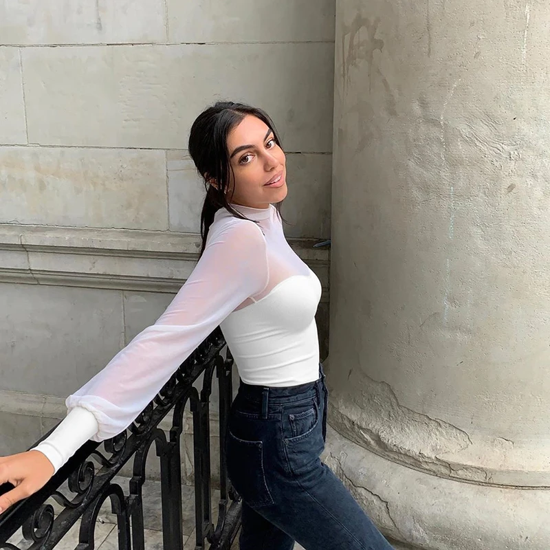 Weekeep сетки лоскутное с длинным рукавом боди для женщин Белый High Street Bodycon сексуальный комбинезон боди Femme
