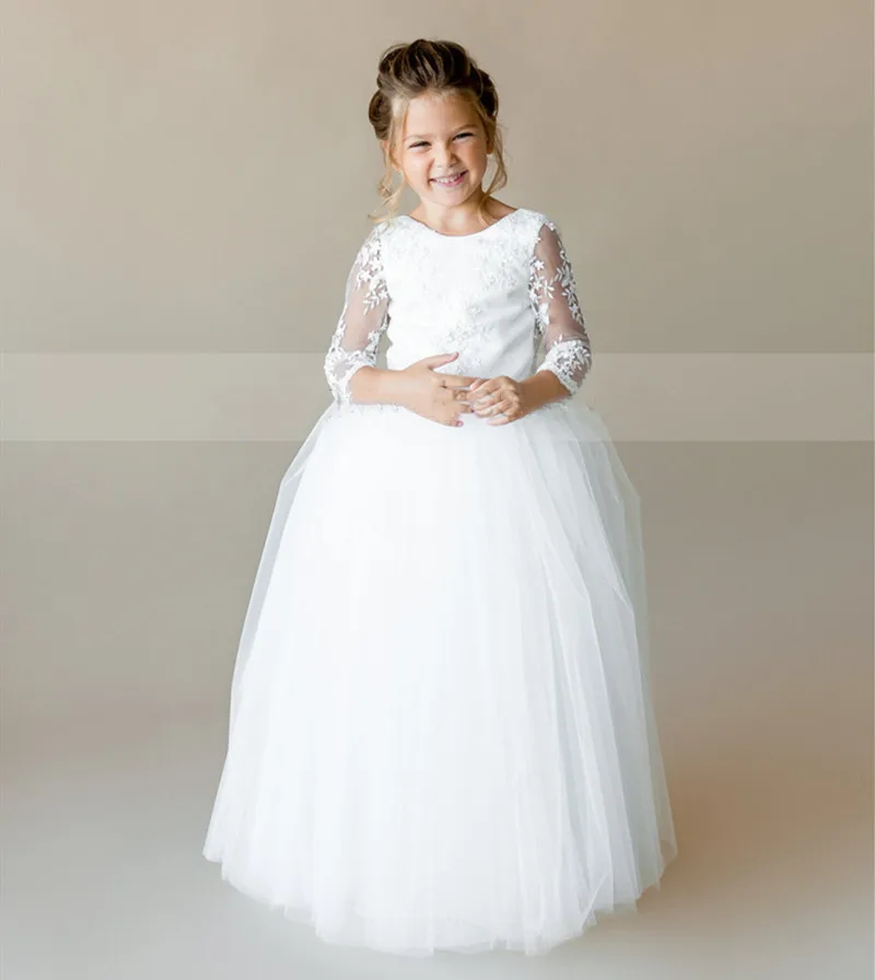 

Princess Three Quarter Sleeve Ivory Flower Girl Dress Lace Tulle Sheer Back Kid First Communion Dress Pageant Gown