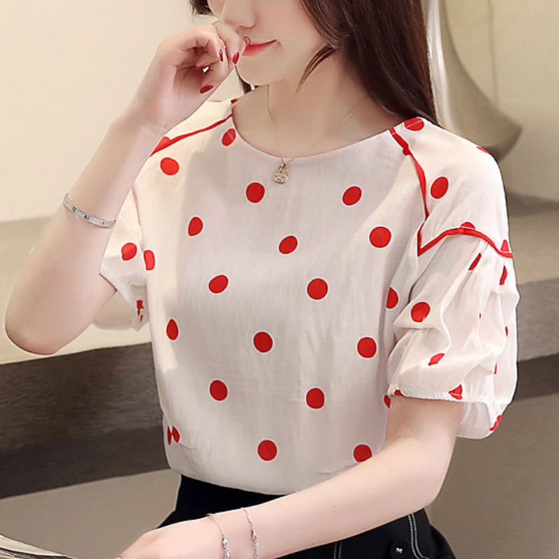 

Fashion Woman Blouses 2021 Summer Women Chiffon Blouse Shirt Short Sleeve Dot O-neck Women Shirts Womens Tops And Blouses
