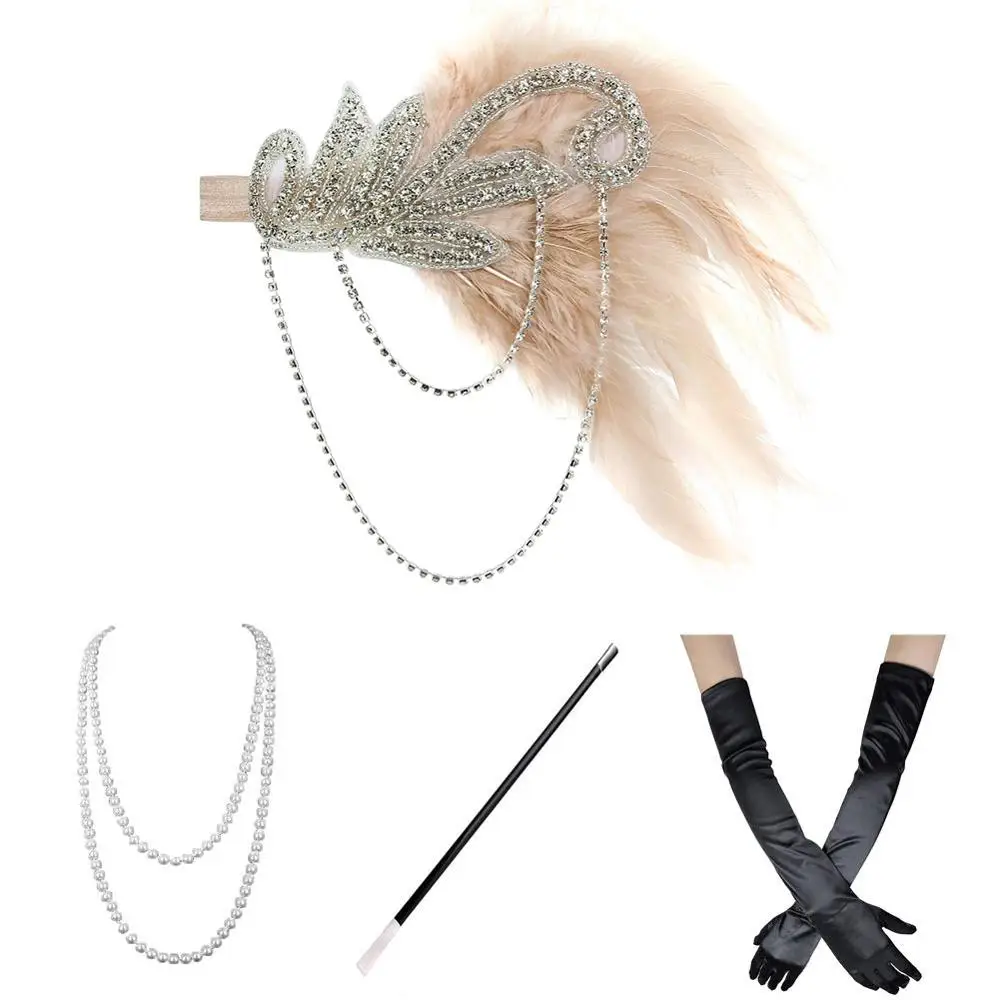 Disfraz de aleta de los años 1920 para mujer, conjunto de accesorios de Gatsby, diadema de los 20, pendientes, collar, guantes, soporte para cigarrillos, dorado, vino