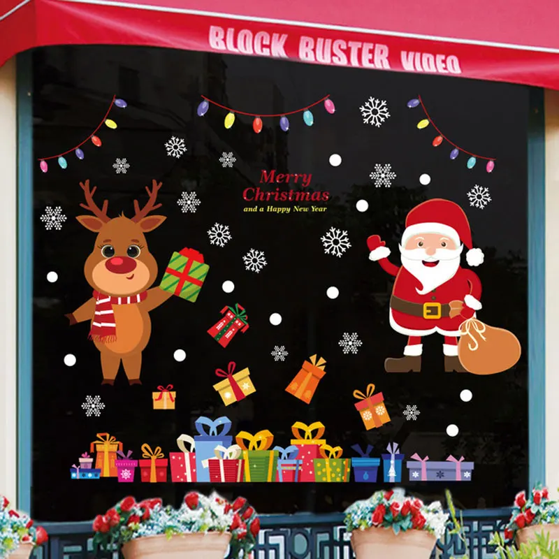 

1Pcs New Santa Claus Elk Shopping Mall Christmas Decoration Cute Cartoon Window Glass Electrostatic Stickers For Home Restaurant
