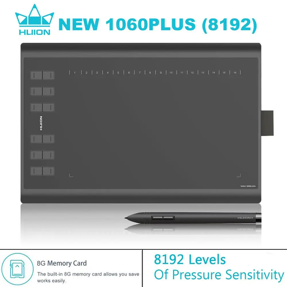 Цифровой планшет HUION 1060 PLUS графический с 8192 уровнями для рисования анимации перьевым вводом 8 Гб