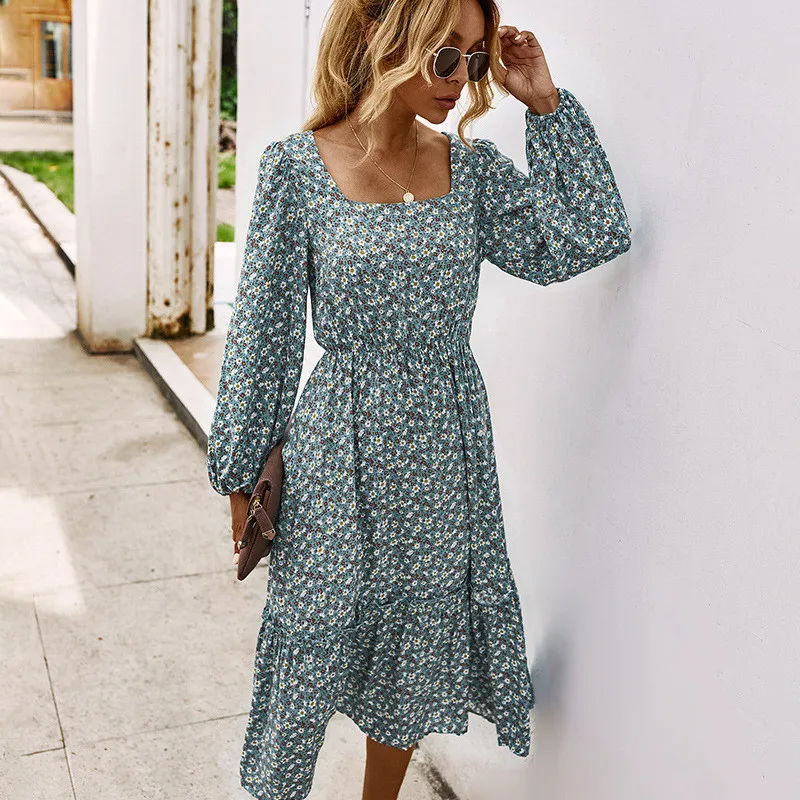 

Autumn 2020 Vintage Print Dress Women Fashion Lantern Sleeves Ruffles Slim Maxi Dress Ladies