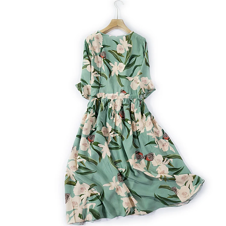 

SHUCHAN Prairie Chic Natural Silk Summer Dress O-Neck Mid-Calf A-Line Print Korean Fashion Robe Longue Femme Ete Boh Mian