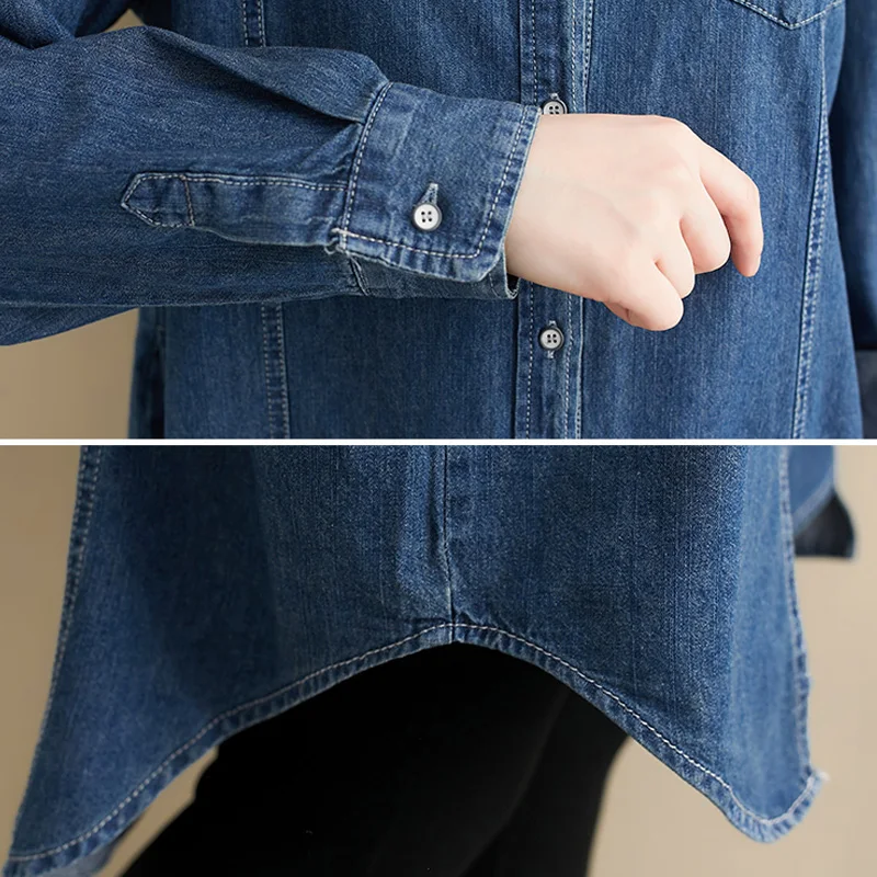 

2021 Spring Loose Button Denim Cardigan Dress Women Plus Size Plus Size Blouse Shirt Lady Tops Long Sleeve Cotton Jeans Outwear