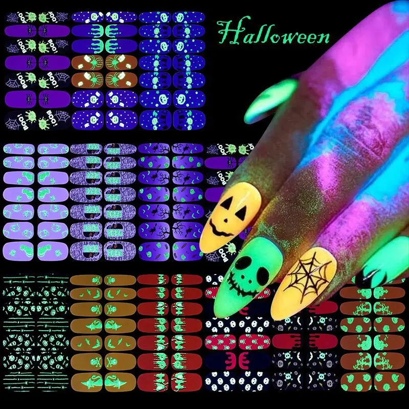 

3D Halloween Nail Art Wraps Stickers Glow In The Dark Luminous Nail Sticker Pumpkin Spider Star Moon Decals Polish Decorations