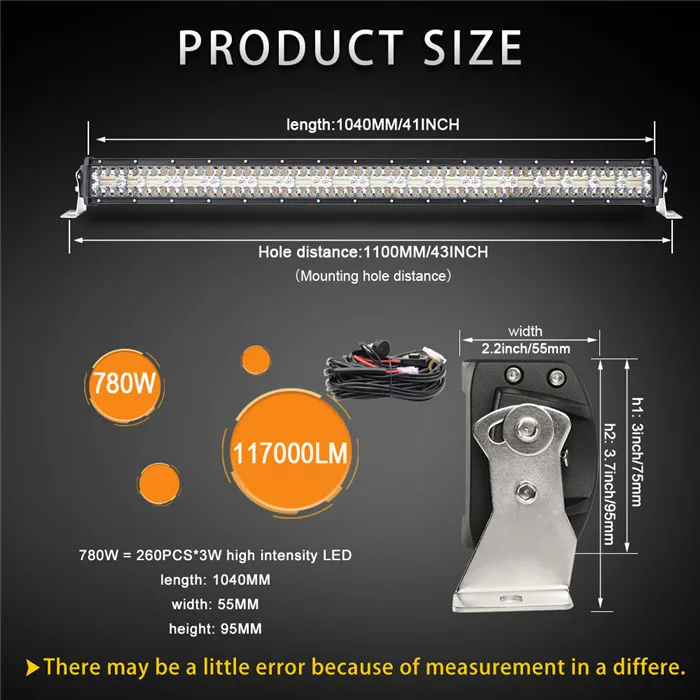 42 inch with Wires CO LIGHT 42 дюймов 3 ряда Led Light 4x4 внедорожный бар 780 Вт Стробоскопическая Светодиодная лампа для авто 4WD грузовик ATV 12 в 24 в трейлер рабочие огни 12 в 24 В - Цвет: 42 inch with Wires