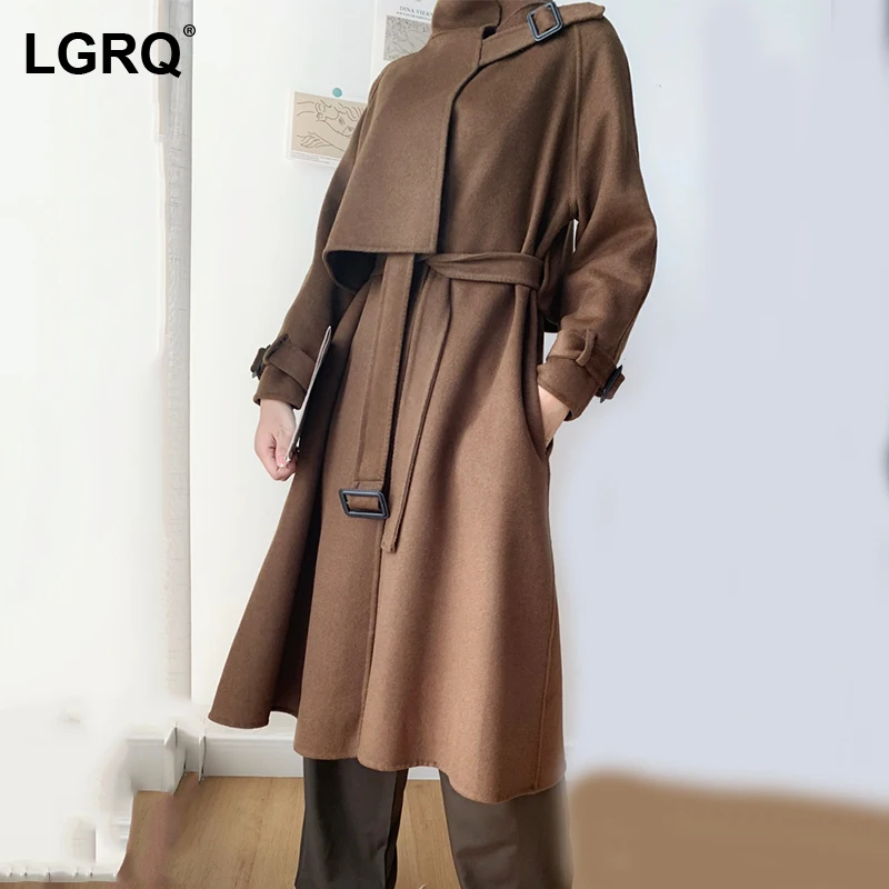 

Женское свободное шерстяное пальто [LGRQ], черное теплое кружевное пальто свободного покроя с длинным рукавом, новинка сезона осень-зима 2021, ...