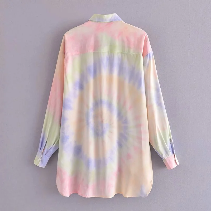 

Za Summer Tie Dye Long Sleeve Shrit Lapel Single-breasted Irregular Hem Shirt Print Casual Fashion Sandy Beach Colorful Shirt