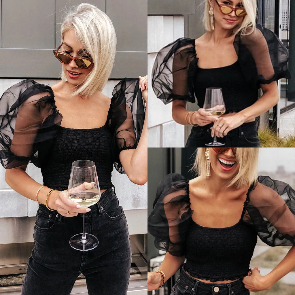 Moda 2020 Mujer Женская Повседневная Блузка черного цвета с рукавами фонариками