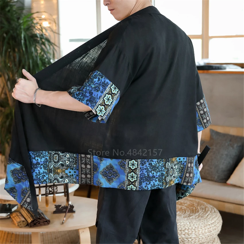 Японский Стиль кимоно для мужчин в винтажном стиле В мозаичном Летний кардиган