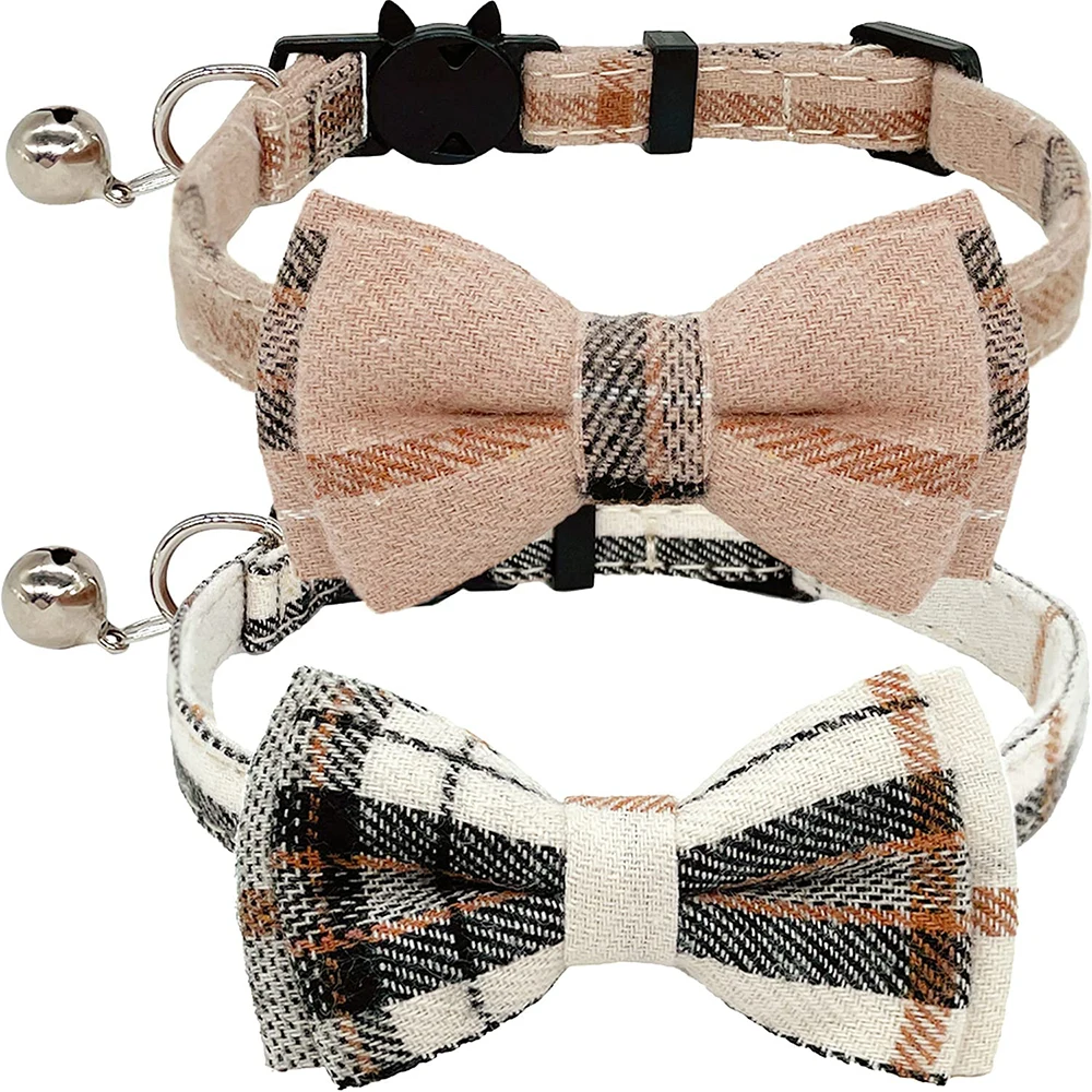 

Breakaway Cat Collars Set with Cute Bow Tie and Bell Adjustable fSoft and Comfortable for Kitten and Some Puppies (Beige+Brown)