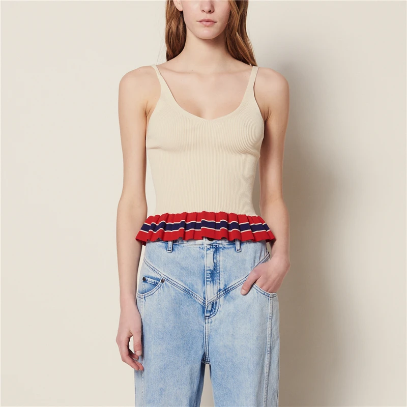 Женский укороченный топ в полоску с v-образным вырезом и оборками летний