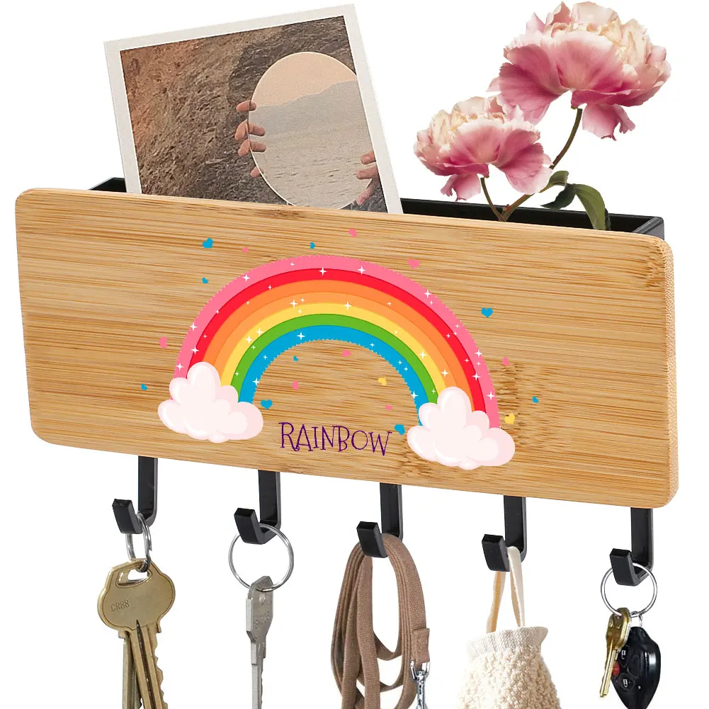 

Wooden Storage Rack Wall-Mounted Key Hook Lovely Rainbow Print Black White 5 Hooks Durable Practical Hangers Non-Folding Holders