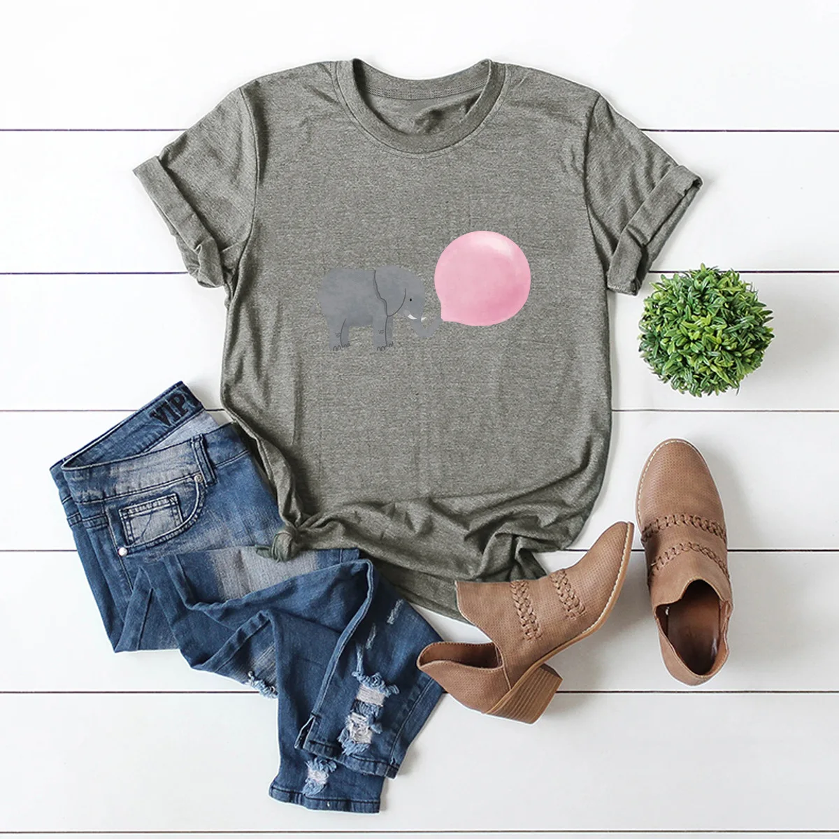 

100% Cotton Women's T Shirt, Pattern T Shirt, Women's T Shirt, Summer Top, Elephant Print Free Letter T Shirt, T Shirt, T Shirt