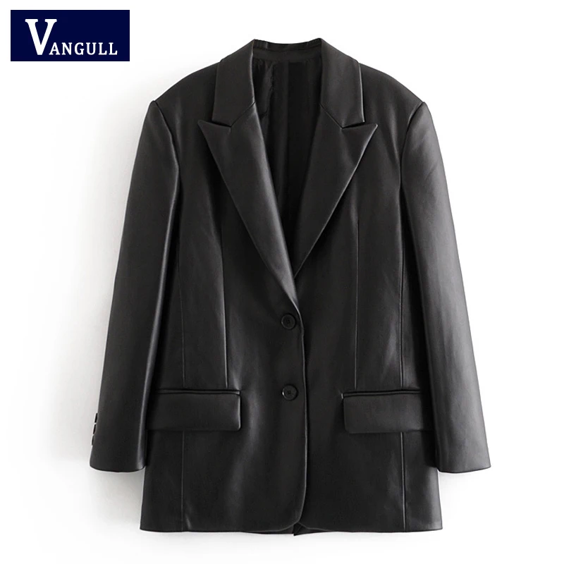 

Vangull PU Faux Leather Blazers Women Leather Jacket Coat 2021 Long Women's Jacket Outwear Lady Coat Female Leather Suit Blazers