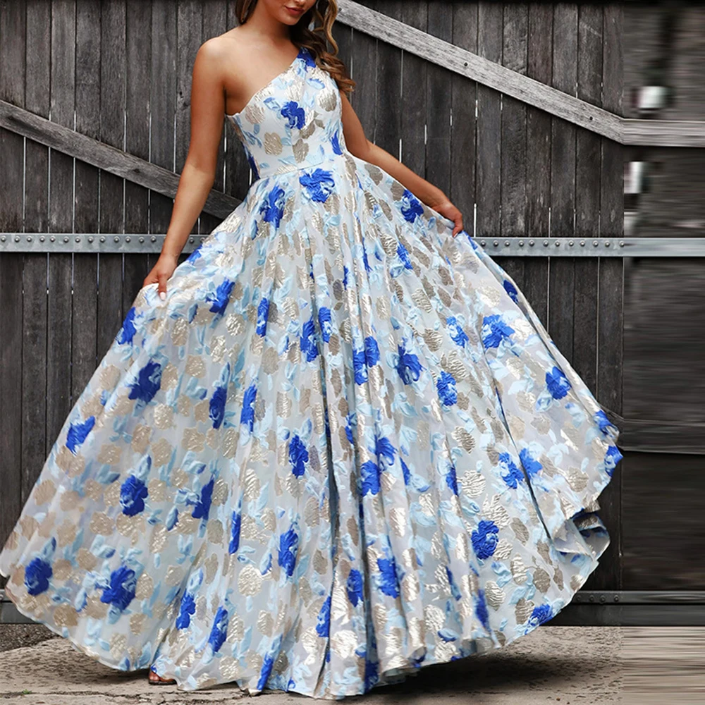 Женское элегантное платье макси на одно плечо без рукавов с цветочным принтом