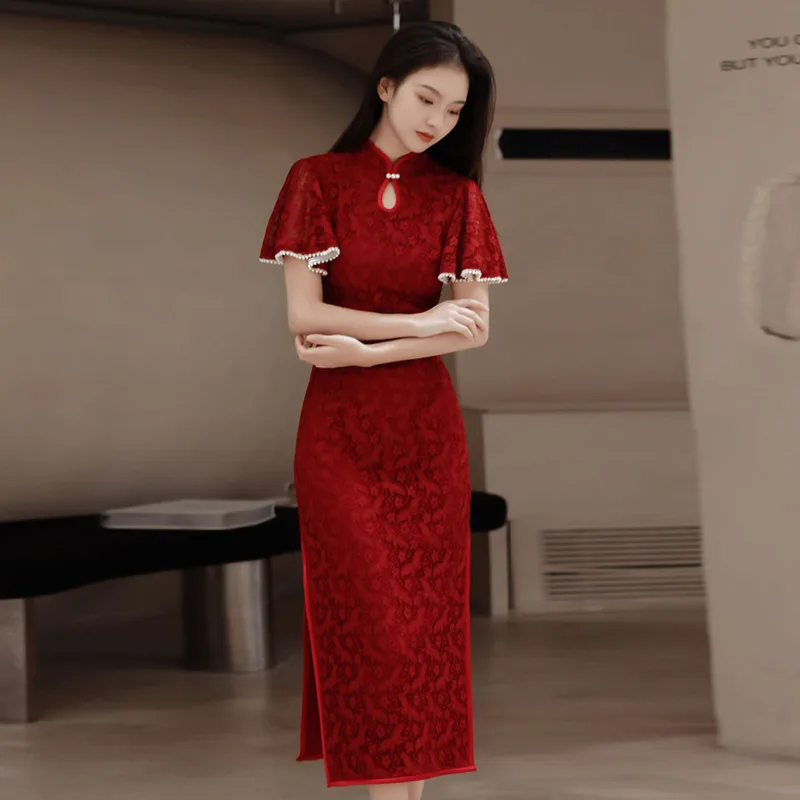 

Red Wine Chinese Dress Qipao Lace Slim Hanfu Cheongsam Retro Traditional Vestido Chino Mujer Modern China Style Robe Orientale