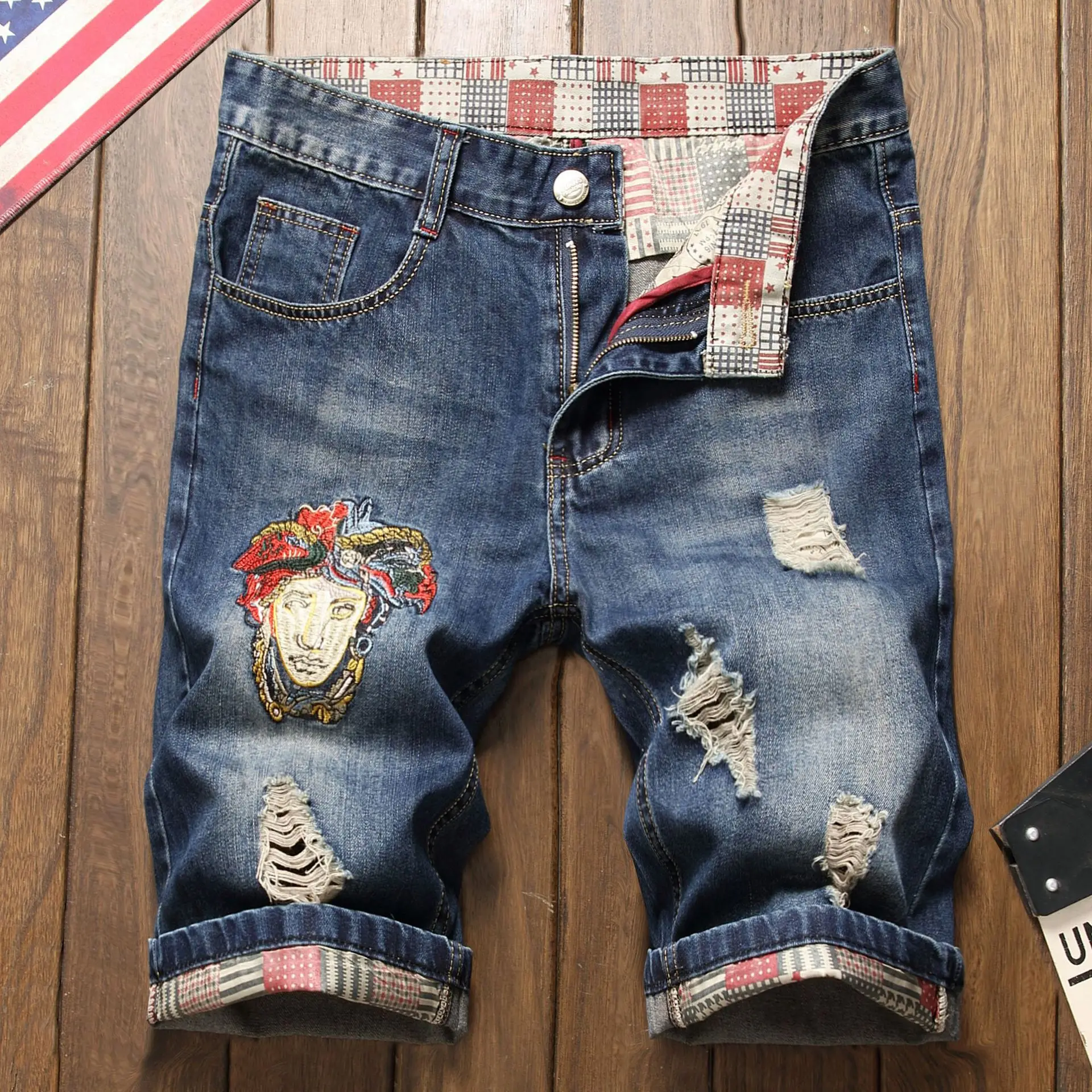 

Men’S Washed Denim Shorts,Embroidery&Ripped Stylish Short Jeans,Blue Color;