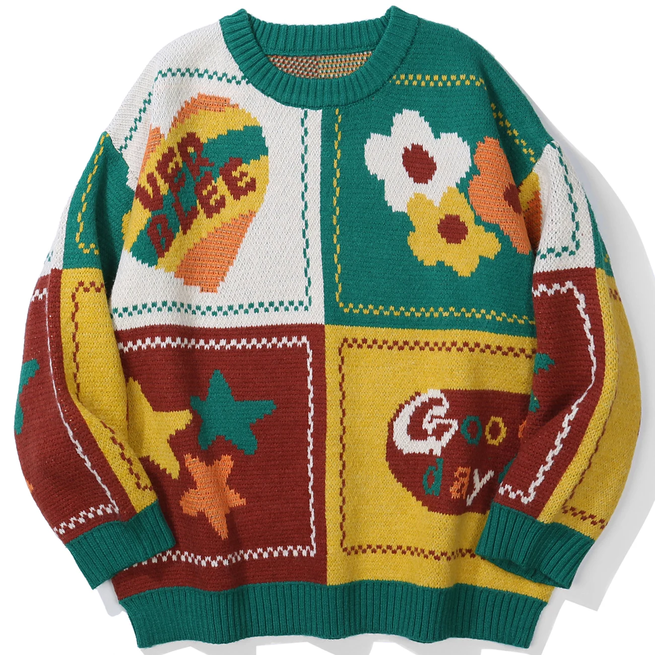 

LACIBLE Harajuku Vintage Color Block Patchwork Knitted Sweater Streetwear Flower Star Heart Print Pullover Casual Autumn Sweater
