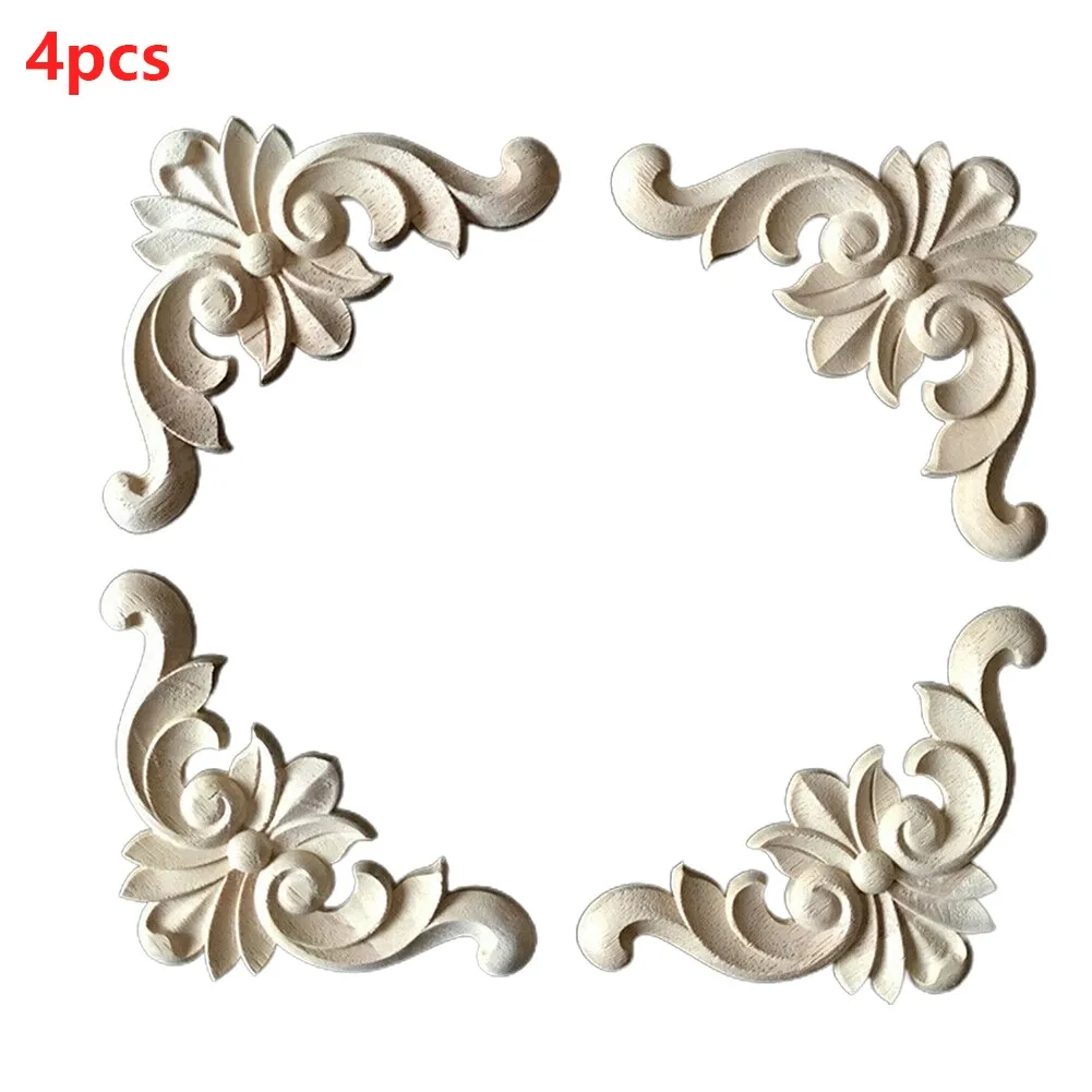 4PC Wooden Carved Corner Onlay Furniture Applique Mouldings Decal DIY Home Decor Decorate Board Cabinets Furiture