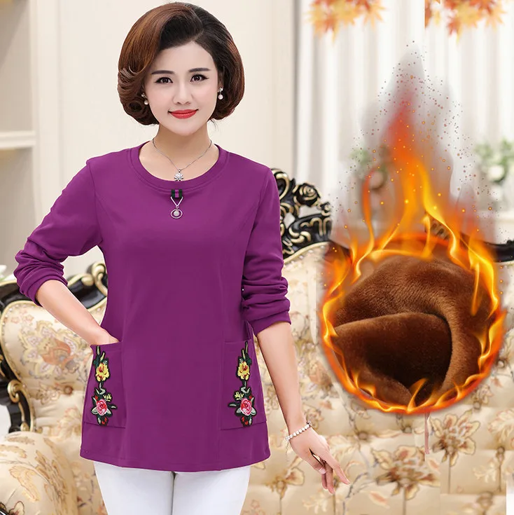 warm tops fall winter women thick long sleeves t-shirts velvet jersey plus size middle age mother shirt pulloves bottoming shirt - Цвет: velvet rose 8291