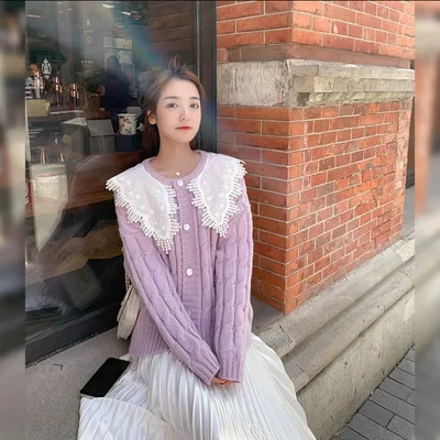 

H.SA 2021 Fall Fashion Sweater Coat Korean Style Oversized Sweater and Cardigans Turn Down Lace Collar Sweet Cute Knit Sweater
