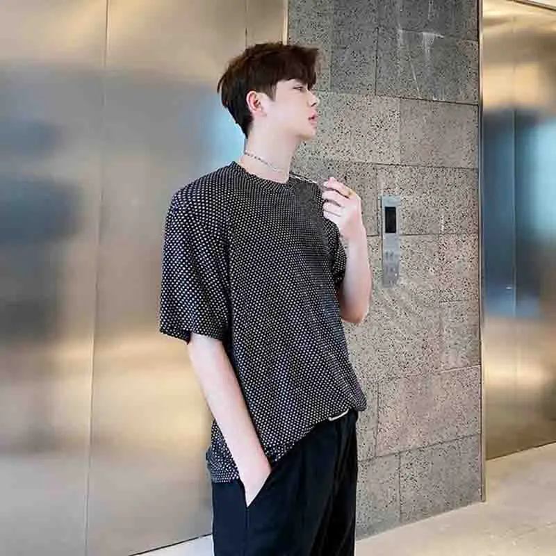 

Loose bar flashy t-shirt men's trampy bottoming top hip hop top Street sequins t short sleeve color clothes men's fashion brand