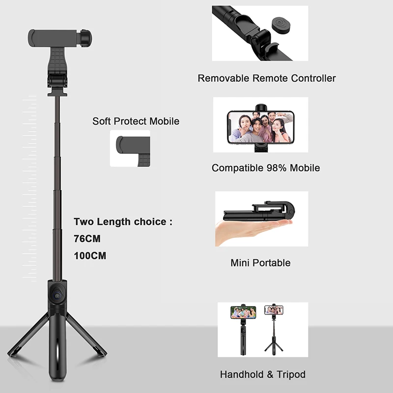 

76cm 106cm Aluminum Alloy Selfie Stick Tripod for iPhone 12 Samsung Huawei Xiaomi Camera Selfie Shutter Monopod