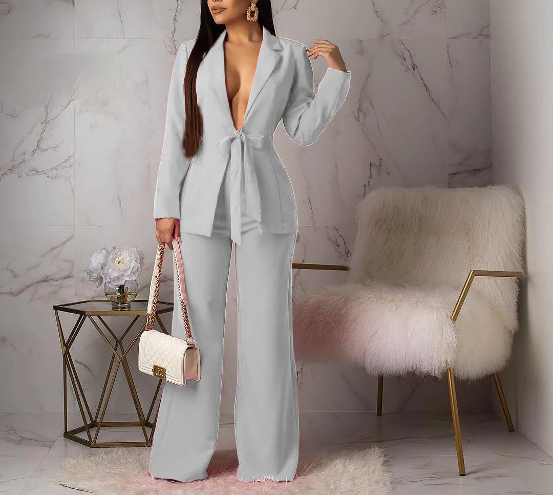 

Zoulv Women Set Notched Long Sleeve Long Blazer High Waist Wide Leg Pants Sexy Outfits Sexy Lace Up Two Piece Set Tracksuits