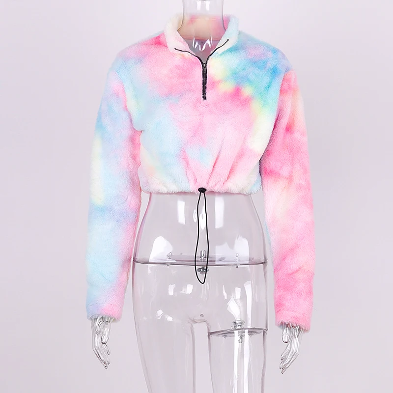 Multi color Hugcitar, длинный рукав, молния, высокая горловина, искусственная овечья шерсть, кроп-топы,, осень, зима, женское модное одноцветное пальто, куртка - Цвет: Multi color