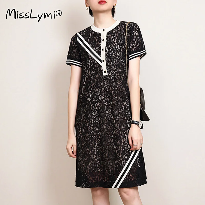 

4XL Plus Size Women Black Elegant Lace Dress Summer 2021 Fashion Sriped Patchwork Short Sleeve Loose Ladies Hollow Out Dresses