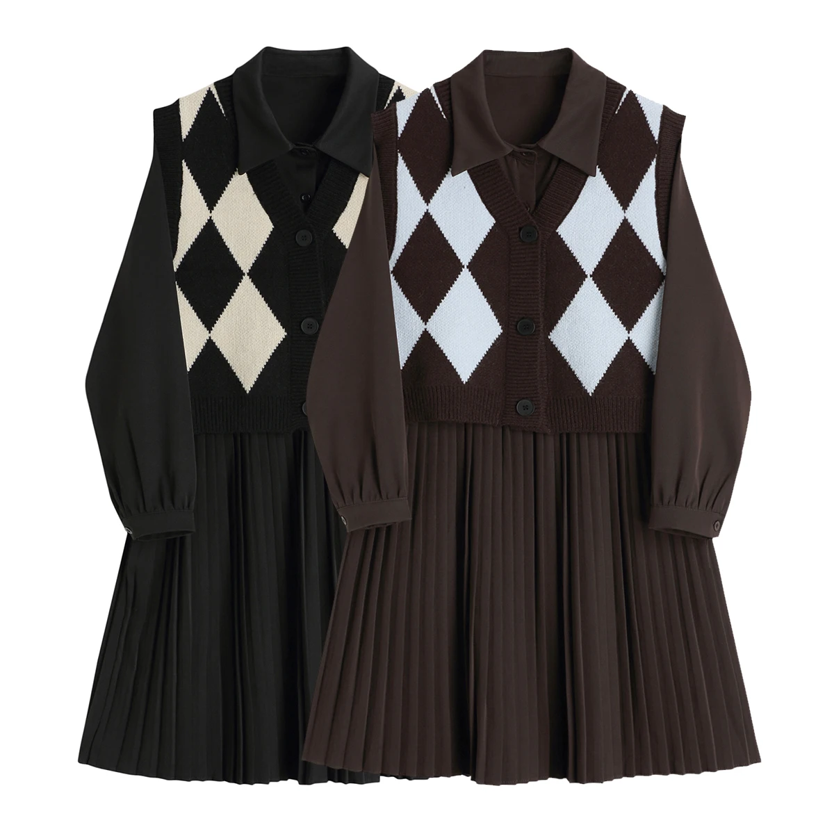 

VANOVICH Korean Japan Style Retro Hit Color College Style Vest Pleated Dress 2022 Autumn and Winter New Dress for Women