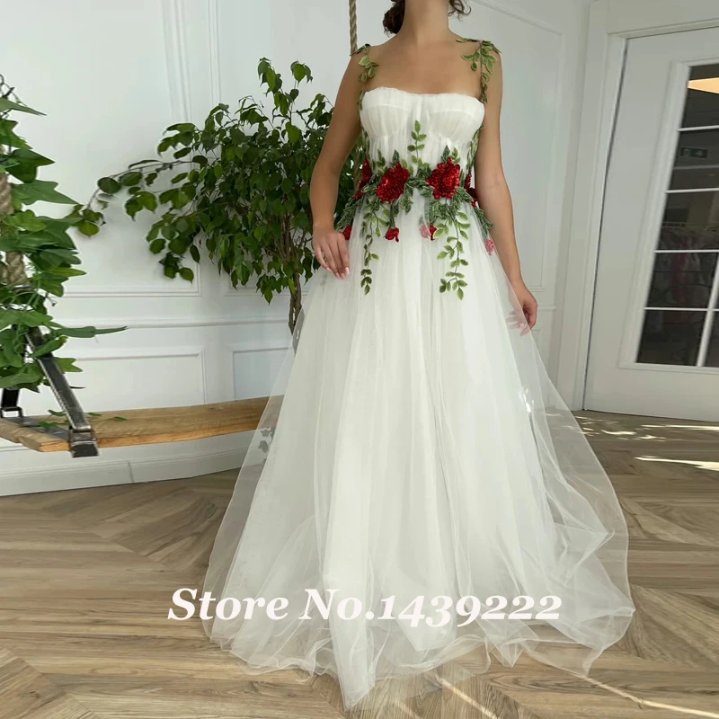 

Stunning Ivory Spaghetti Evening Dresses Prom Flowers Green Leaves Wedding Engagement Gown Robe De Soiree Vestidos Fiesta