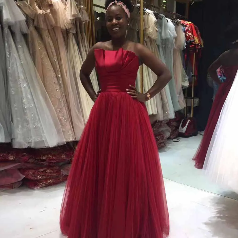 

Burgundy Strapless Evening Dresses Long 2021 Women Eleglant Simple Tulle A-Line Custom Prom Gowns Real Image vestido de fiesta