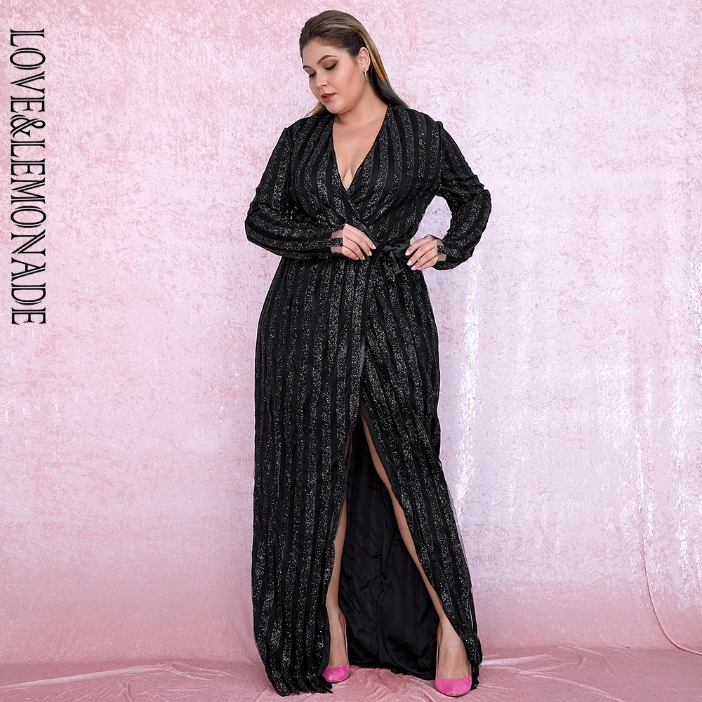 LOVE& LEMONADE размера плюс сексуальные черные с глубоким v-образным вырезом в полоску с наклеенными блестками крест макси платья lm6546 плюс осень/зима