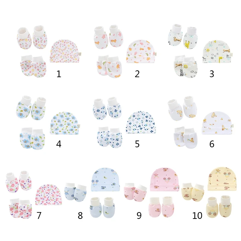 

Baby Cartoon Anti-scratch Gloves Hat Foot Cover Set Cotton Mittens Beanie Cap 54DF