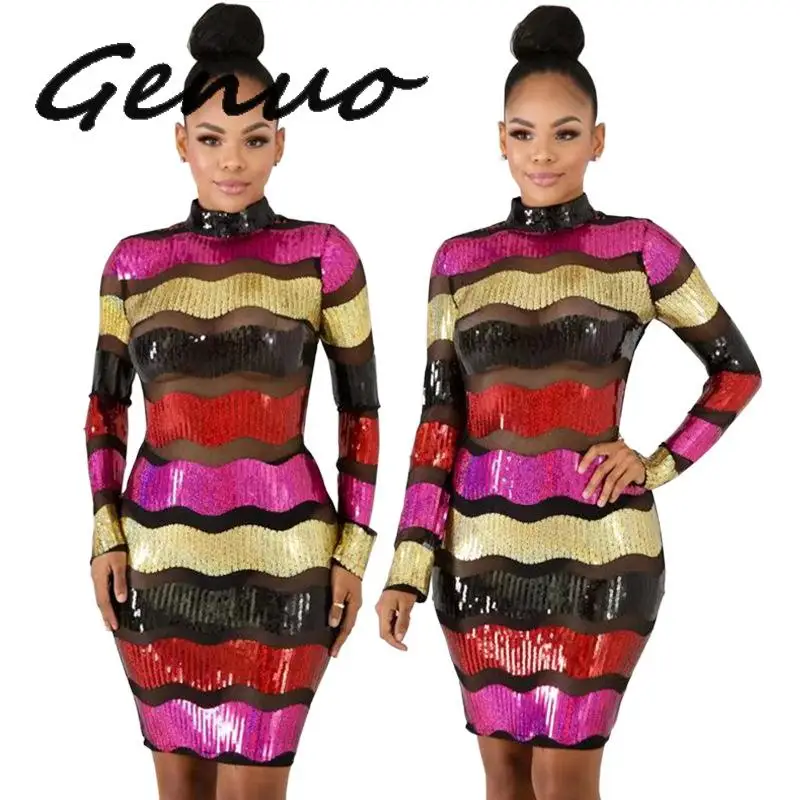 Genuo Новинка 2019 цветное Полосатое платье с блестками из прозрачной сетки