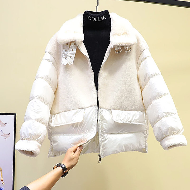 

Quality Glossy Spliced Lambswool Long Women Coat 2020Chic Design Shining Fabric Thick Cotton Winter Winter Outwear Fashion Girls