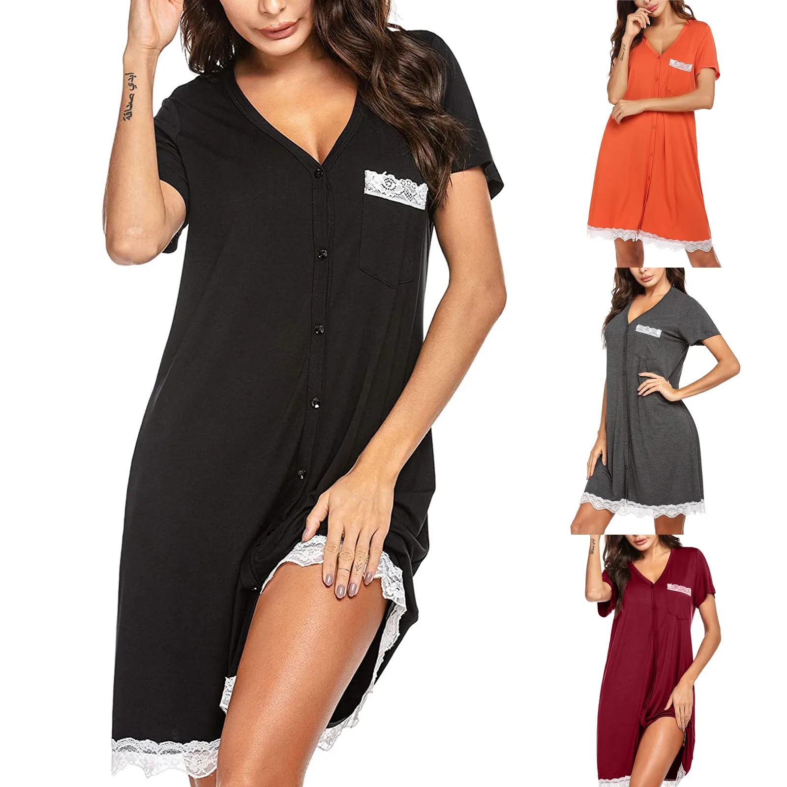 

Women Sleepwear Shirt Night Dress Casual Loose Lace Patchwork Short Sleeve Button Solid Color V-Neck Nightdress nuisette femme