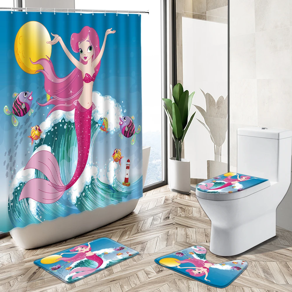 Prezzo Sirena Ragazza Bambino Bagno Tenda Da Doccia Set Cartone Animato Divertimento Delfino Polpo Animale Marino Tappeto Antiscivolo Coperchio Wc Tappetino Da Bagno