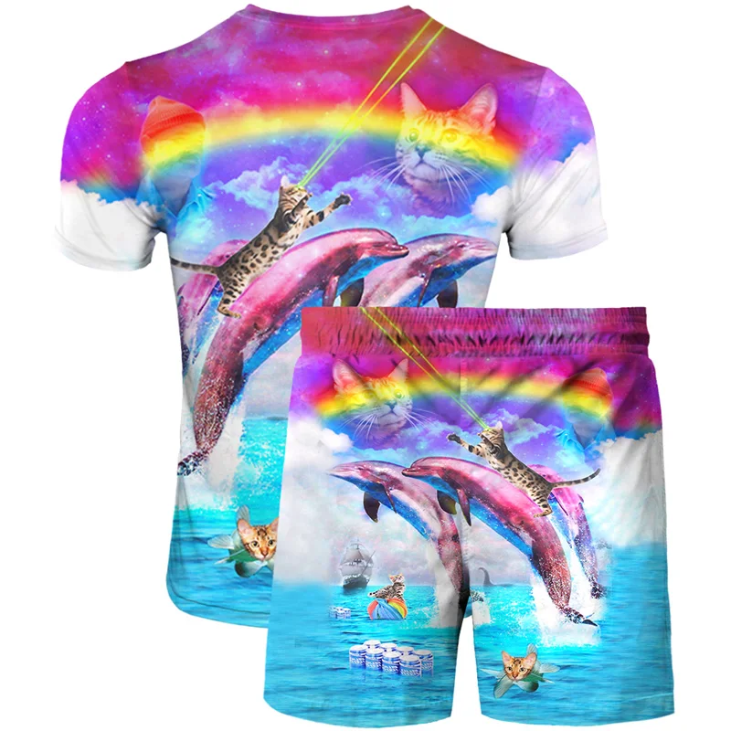 

2021 summer new men's 3D printed beach pants fashion trend boutique T-shirt two-piece fish element pattern quick-drying