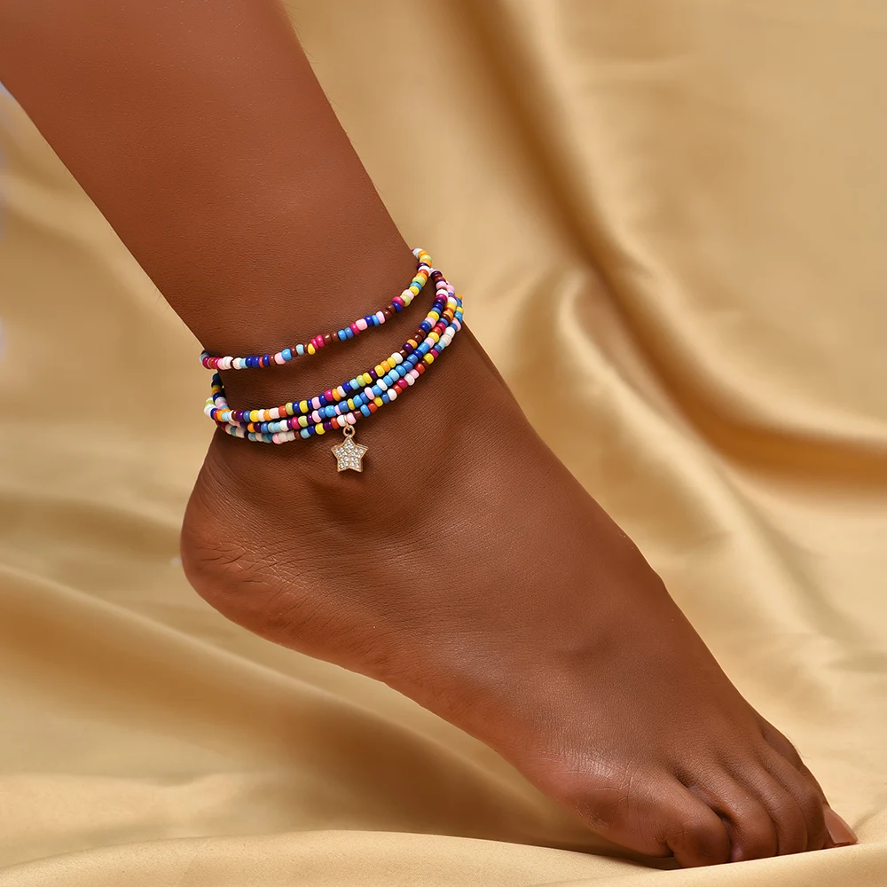 Boho Anklet Foot Colorful Beads Chain Star Pendant Ankle Summer Bracelet Charm Sandals Barefoot Beach Foot Bridal Jewelry A045
