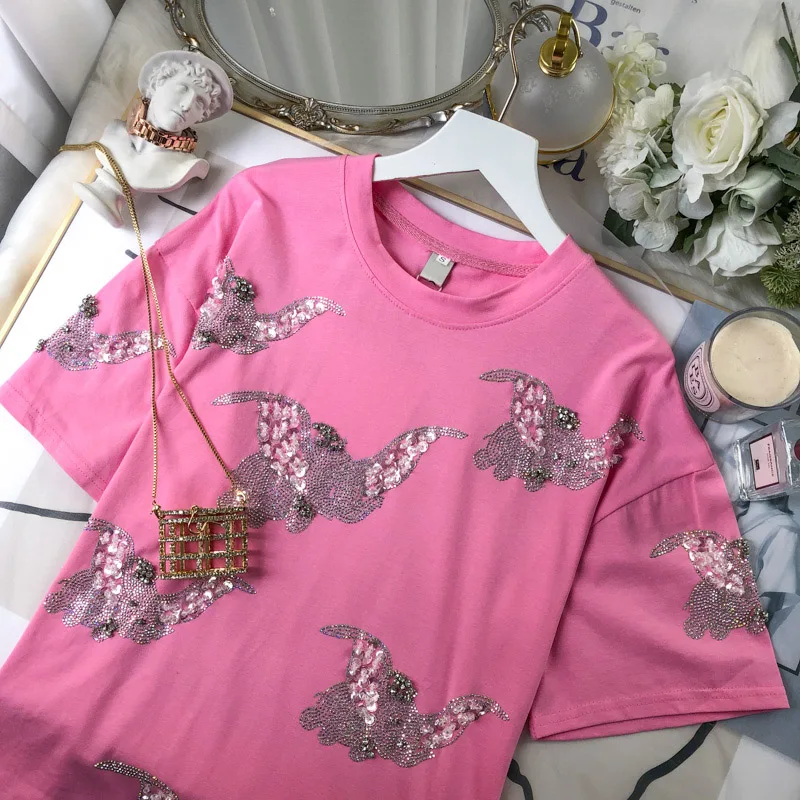 

Rhinestone Dumbo T-shirt Women's 2021 Summer Korean Style Slimming Laid-Back Style Loose Top Fashion Harajuku Woman Tshirts