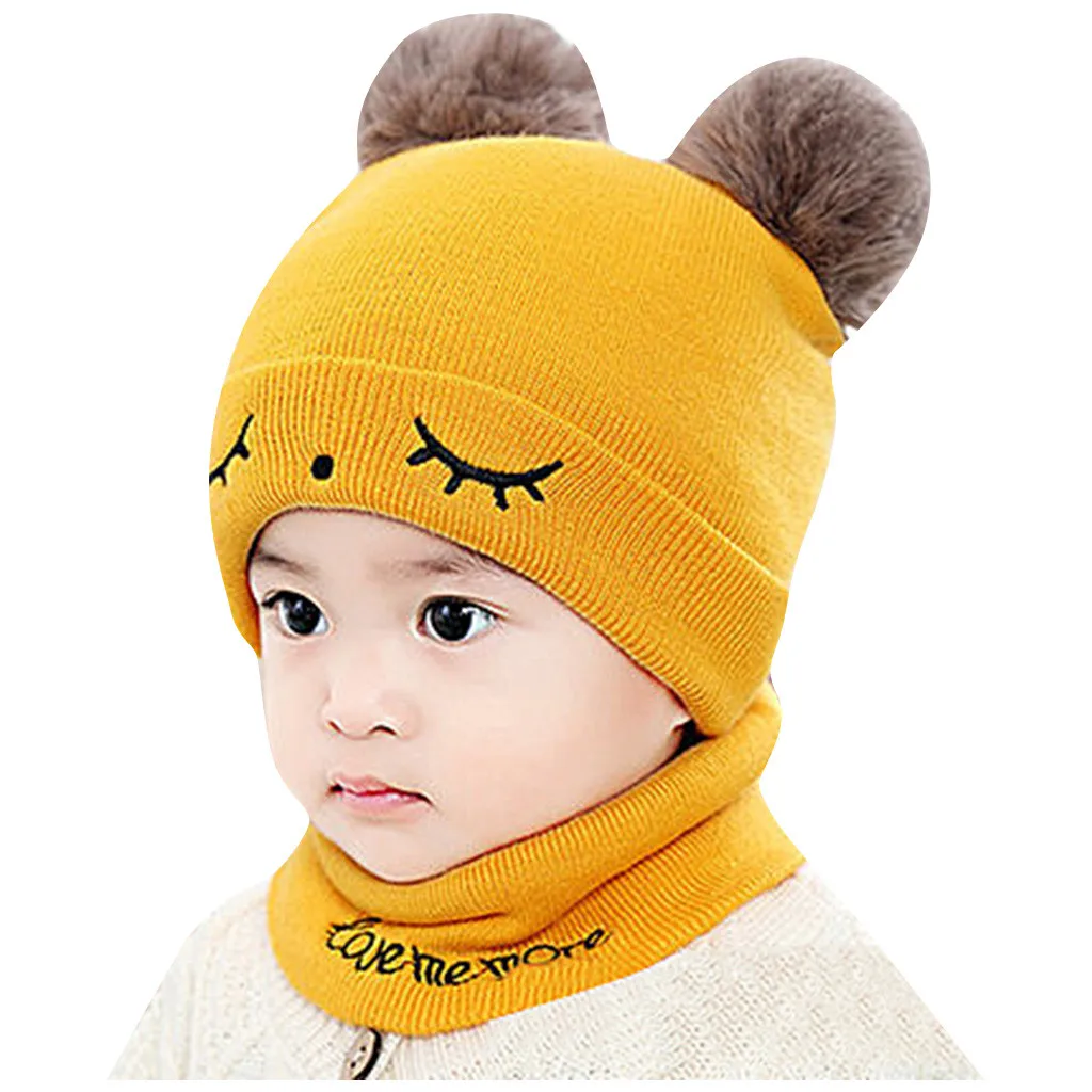 Cute Eyelash Caps For Newborn Kids Baby Boy Girl Pom Hat Winter Warm Knit Bobble Beanie Cap Scarf Set Drop Shipping - Цвет: Yellow