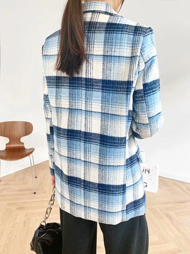 

Autumn Winter Woolen Wool Blends Overcoat Women Elegant Plaid Vintage Long Sleeve Jacket And Coat Female White Blue Outerwear