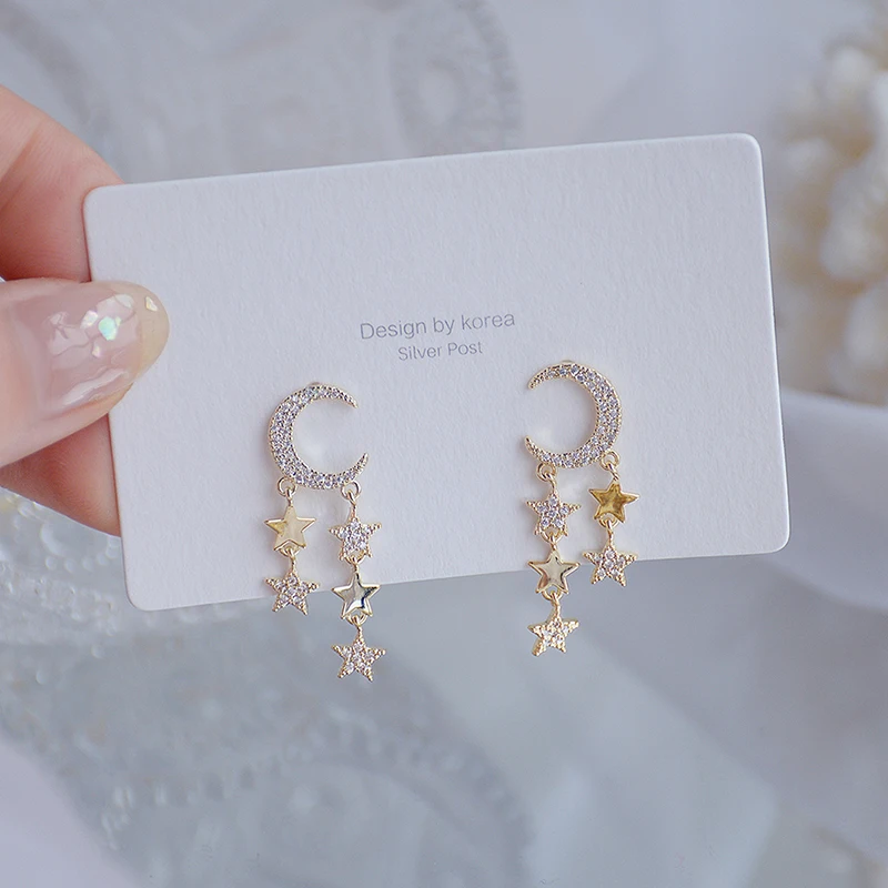 

New Korean Luxury Charm Star Moon Tassel Earring 14K Real Gold Pave Inlaid Zircon Stud Earring Anniversary Birthday Gift Jewelry